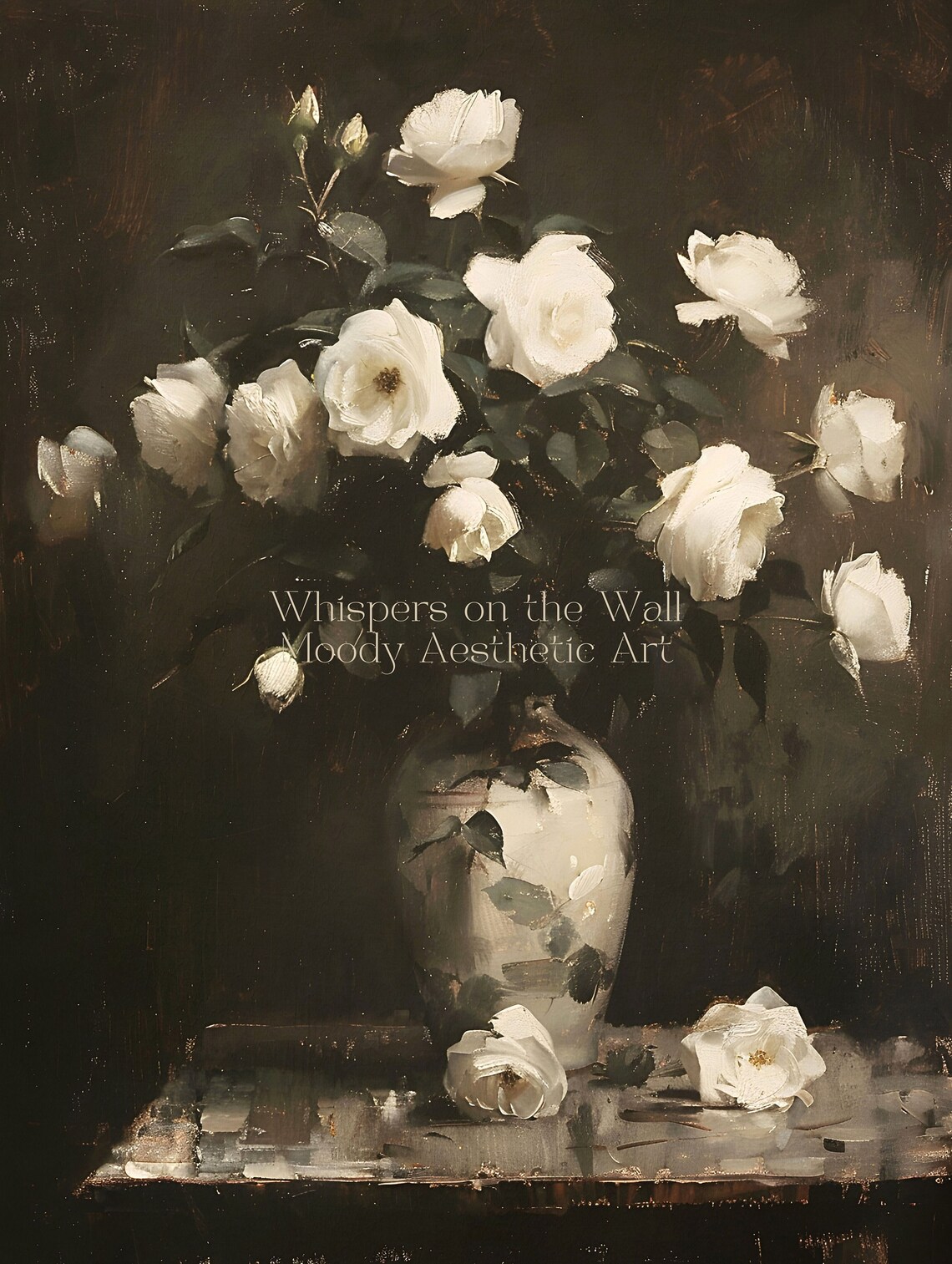 White Roses In Vase Still Life Moody Vintage Floral Painting Poster - Image 5
