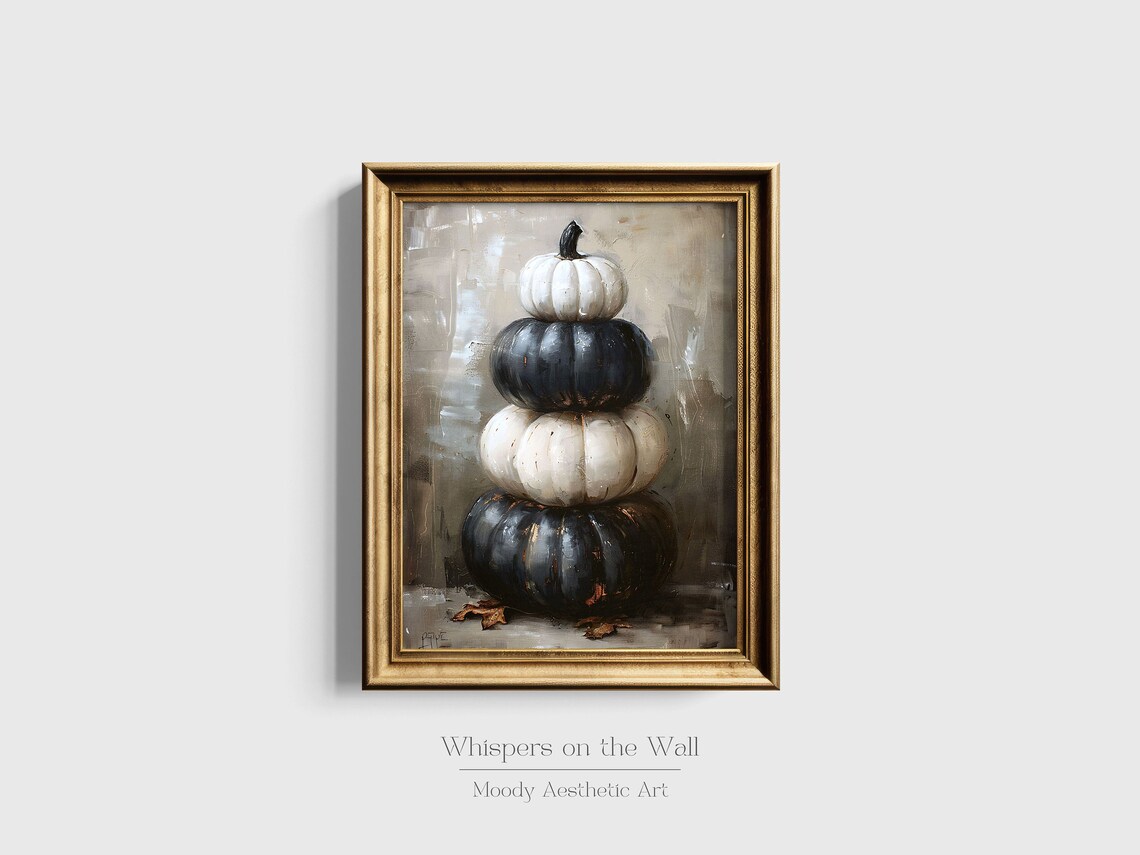 Tower of Stacked Black and White Pumpkins Fall Painting Poster - Image 2