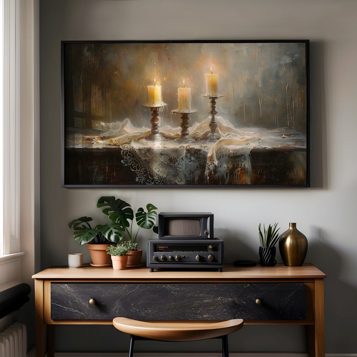 Three Lit Candles on Lace Dark Gothic Still Life Painting Poster - Image 2