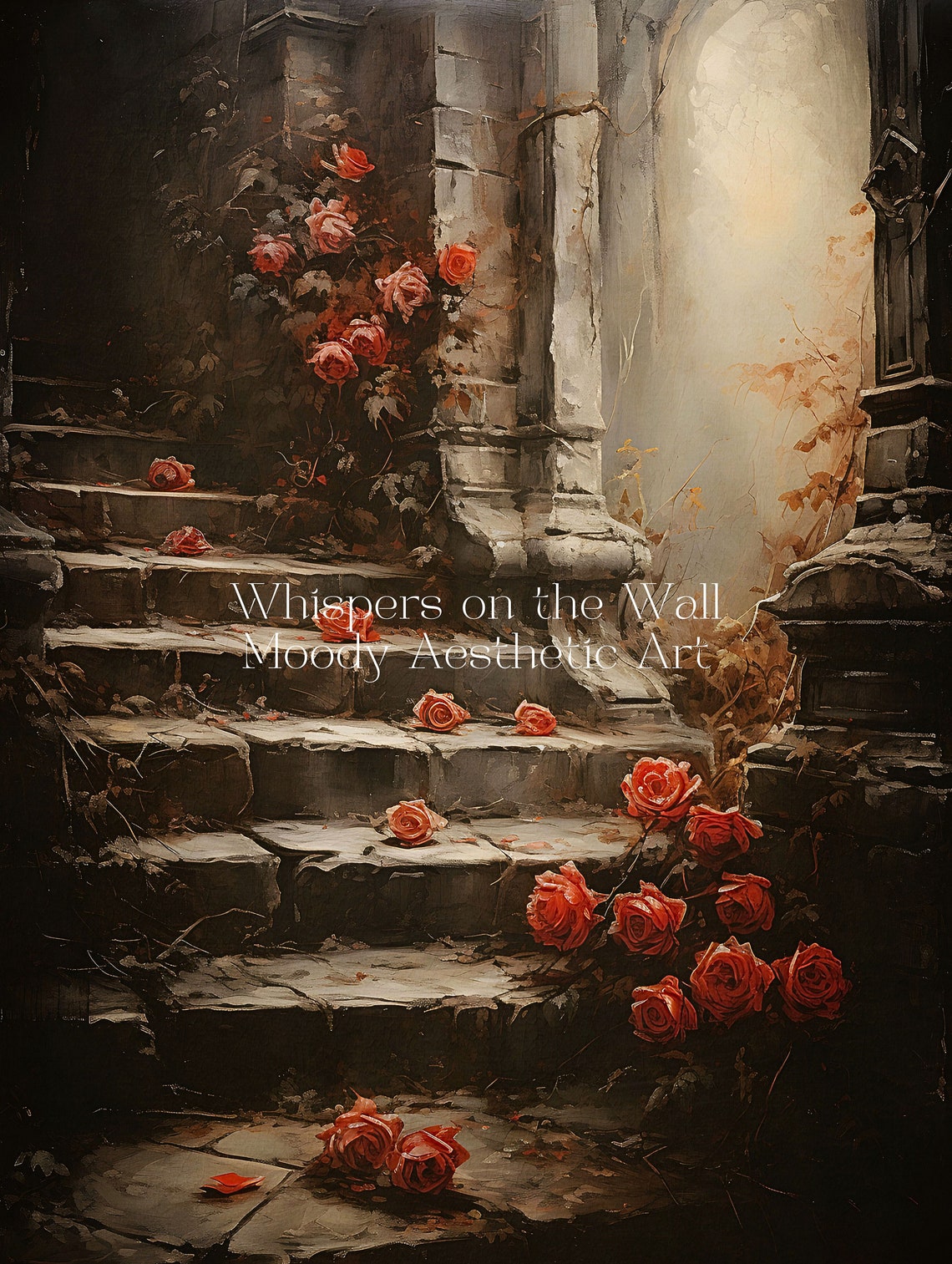 Red Roses on Dark Stone Stairs Moody Gothic Oil Painting Poster - Image 5