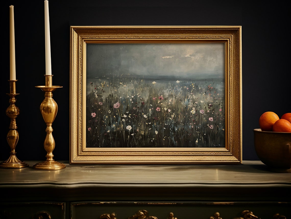 Misty Wildflower Meadow Under Grey Sky Moody Landscape Painting Poster - Image 2
