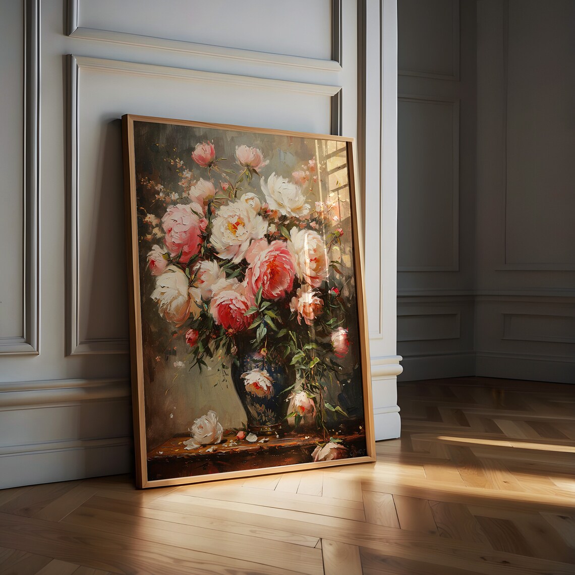 Moody Peony Bouquet Vintage Oil Painting Floral Still Life Poster - Image 3