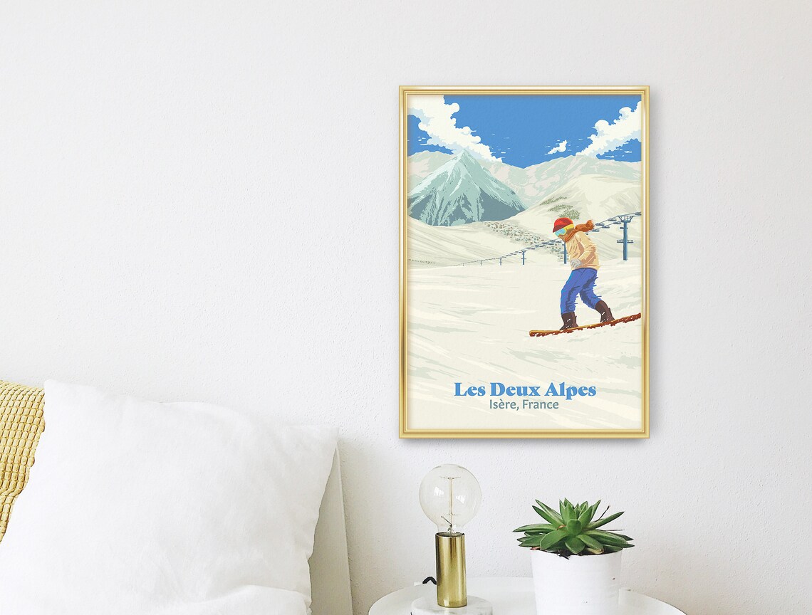 Les Deux Alpes Snowboarding Poster French Alps France Vintage Skiing Print Ski Resort Isere Snowboard Gift Chamonix Seasonaire Art - Image 3