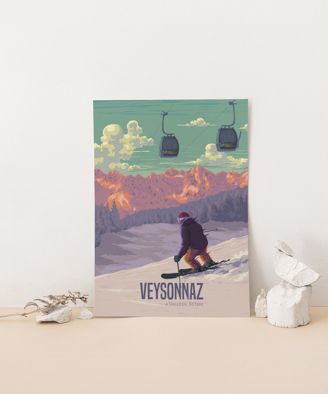 Veysonnaz Swiss Alps Sunset Skier Gondola Ride Mountain Poster - Image 4
