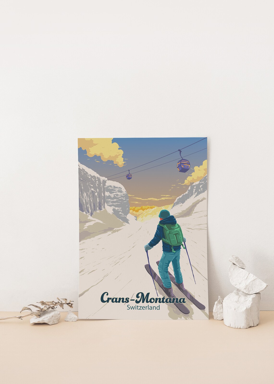 Crans Montana Swiss Alps Retro Skiing Travel Poster - Image 4