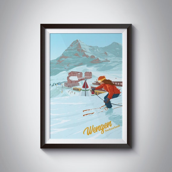 Wengen Ski Resort Poster Switzerland Skiing Print Swiss Alps Eiger North Face Travel Poster Retro Wall Art Jungfrau Grindelwald