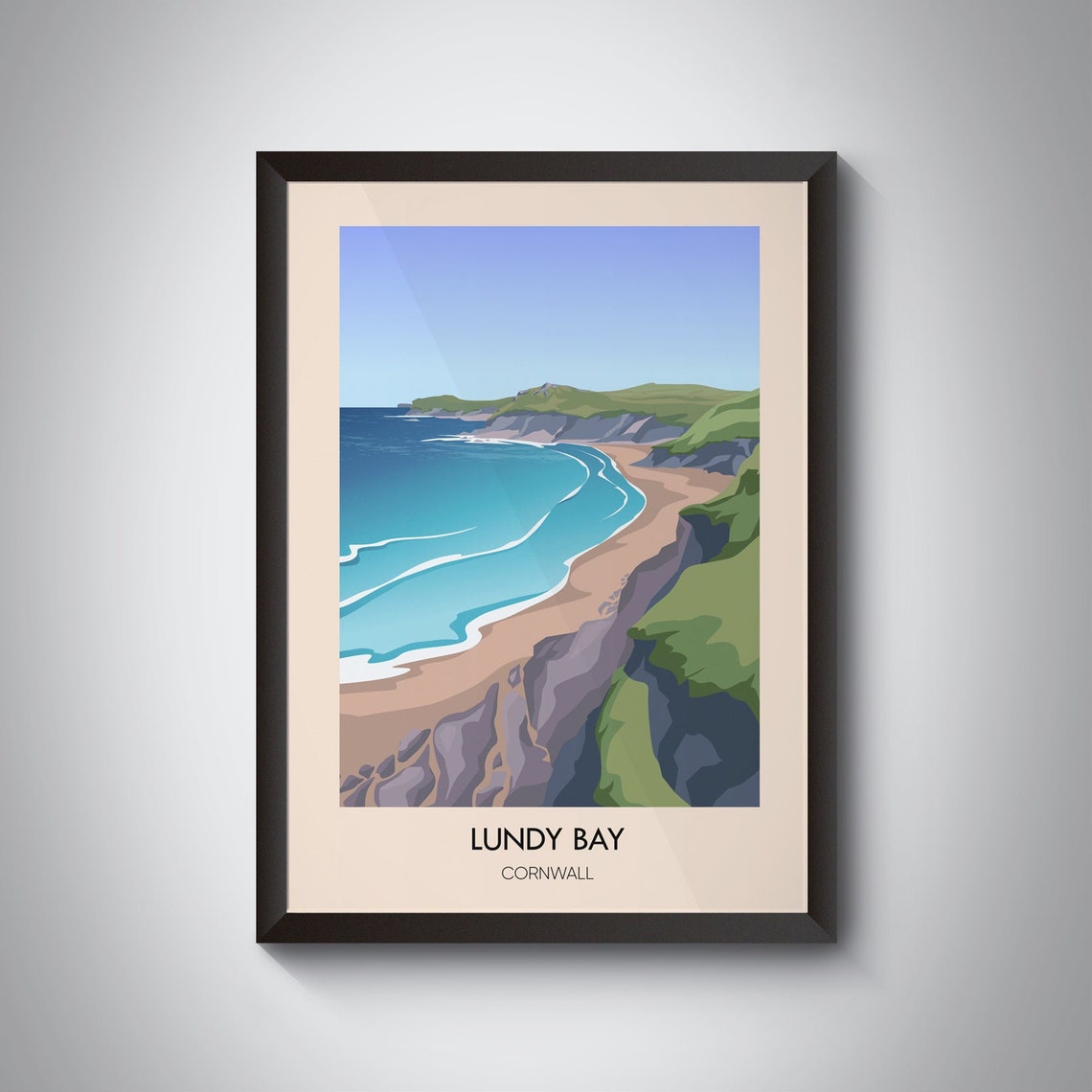 Lundy Bay Cornwall Green Cliffs Sandy Shore Cove Scene Poster
