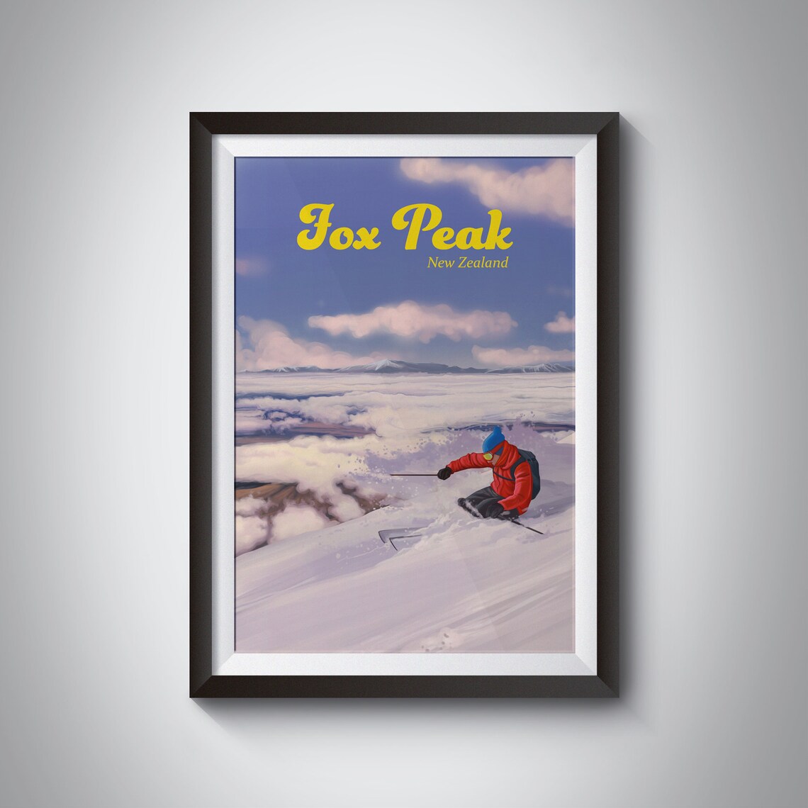 Fox Peak New Zealand Powder Skier Above the Clouds Alpine Poster