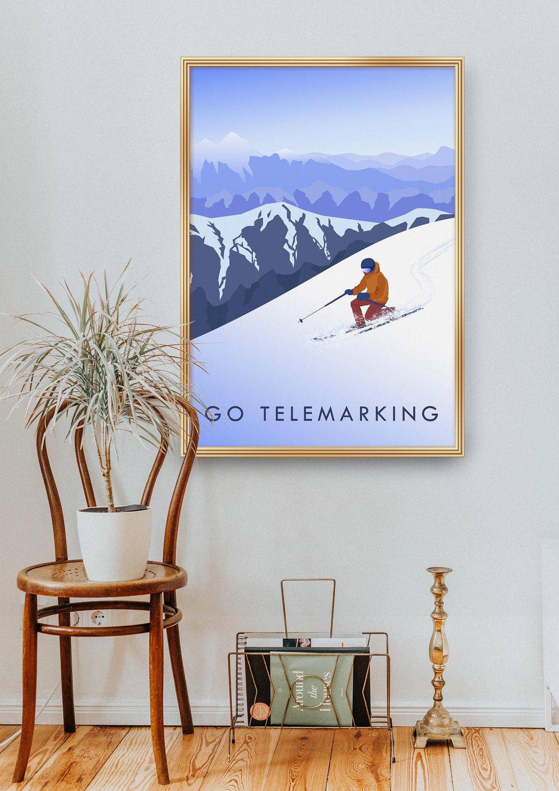 Go Telemarking Alpine Skier Minimalist Vintage Ski Art Poster - Image 2