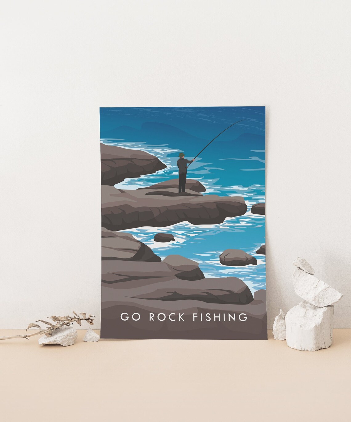 Go Rock Fishing Coastal Angler Rocky Shore Retro Outdoor Travel Poster - Image 4