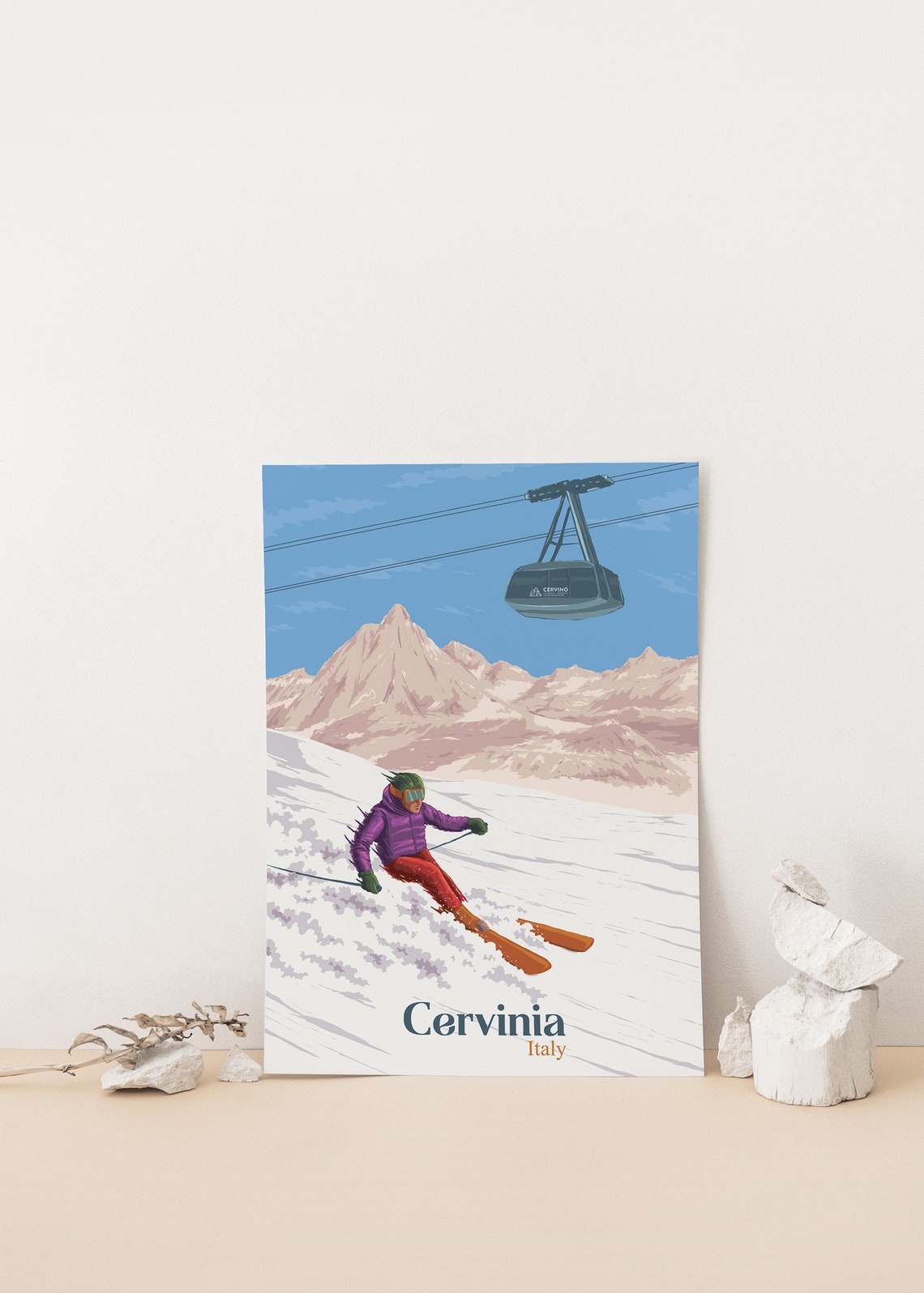Cervinia Italy Powder Ski Slope Beneath Cable Car Travel Poster - Image 4