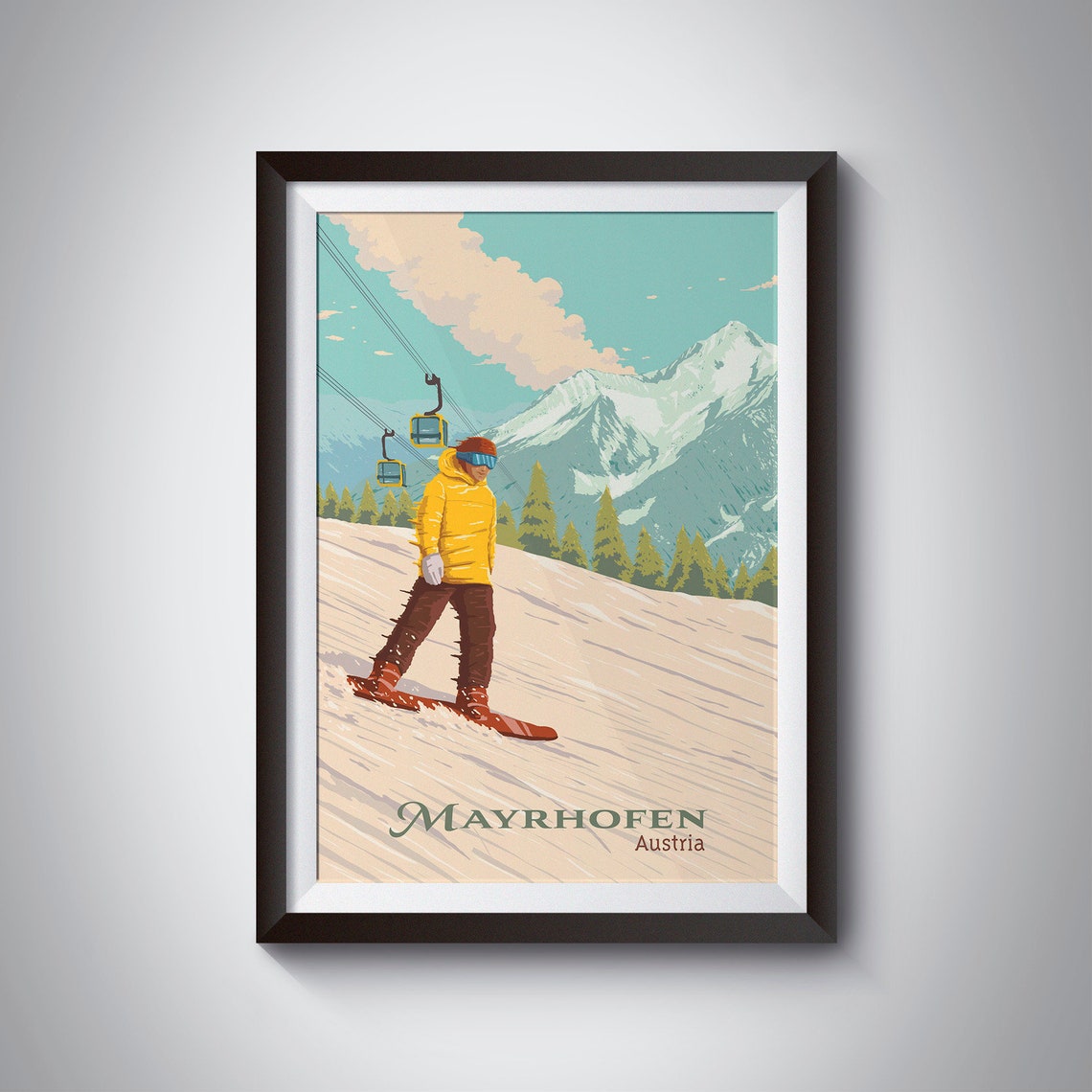 Mayrhofen Austria Vintage Snowboarder Gondola Ride Travel Poster