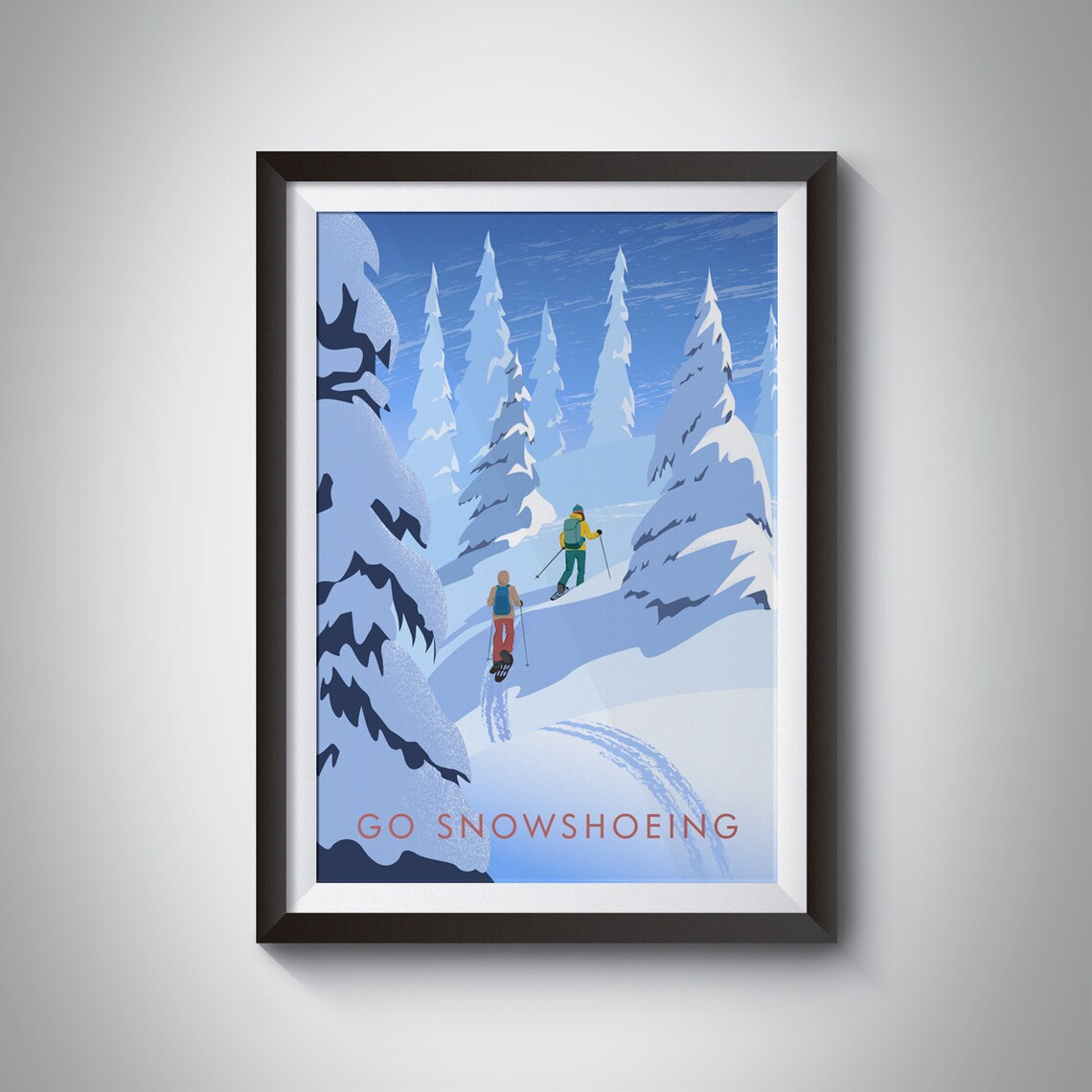 Go Snowshoeing Travel Poster, Winter Mountain Forest