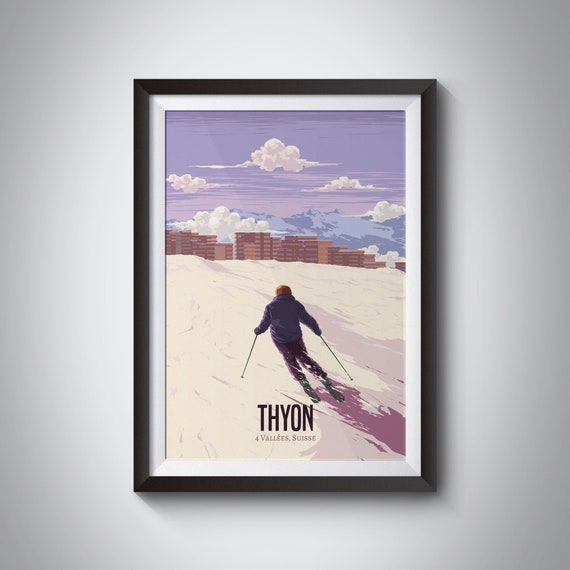 Thyon Switzerland Ski Resort Travel Poster Swiss Alps Print Skiing Snowboard Verbier 4 Vallees Bruson Tzoumaz Veysonnaz Framed Art