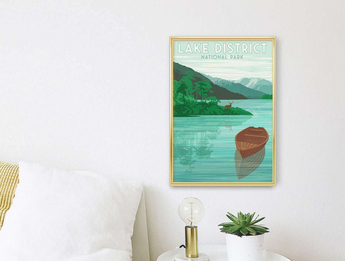 Lake District National Park Rowboat and Deer on Still Water Poster - Image 3