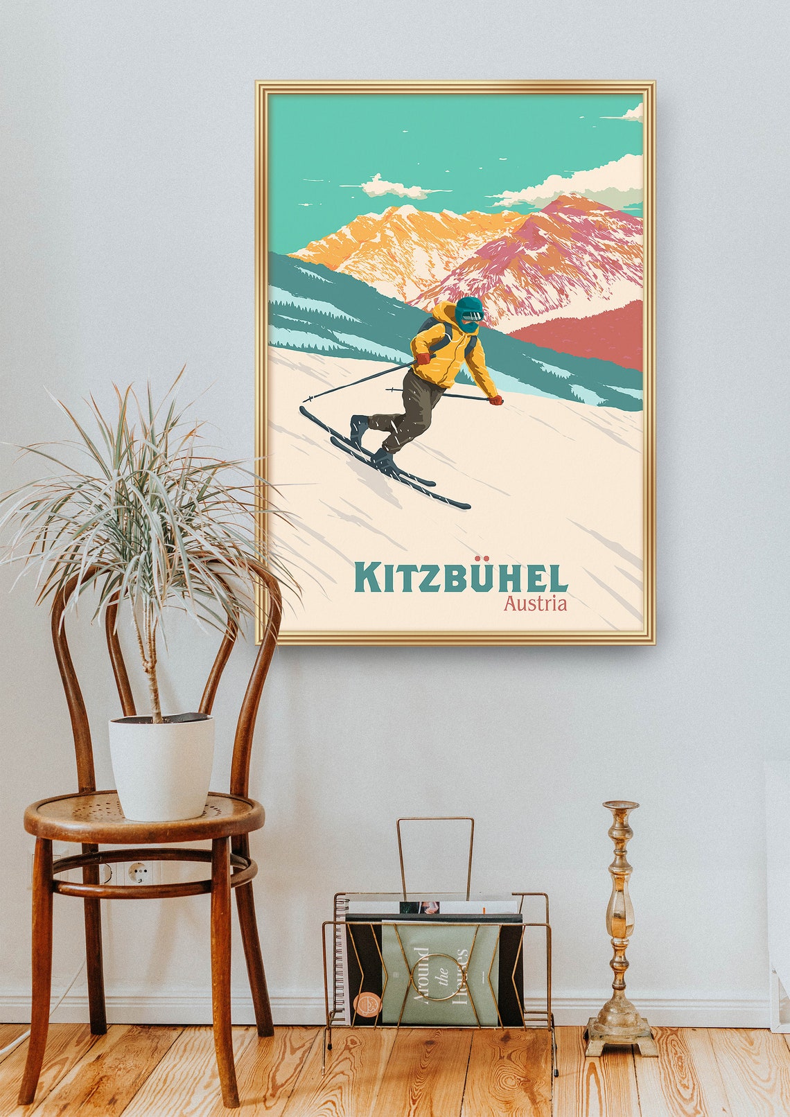 Kitzbuhel Austria Skier Carving Down a Retro Alpine Slope Poster - Image 2
