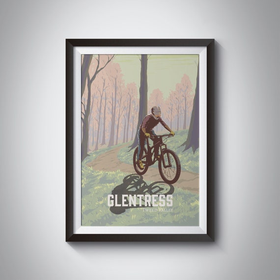 Glentress Woodland Trail Vintage Tweed Valley MTB Rider Poster