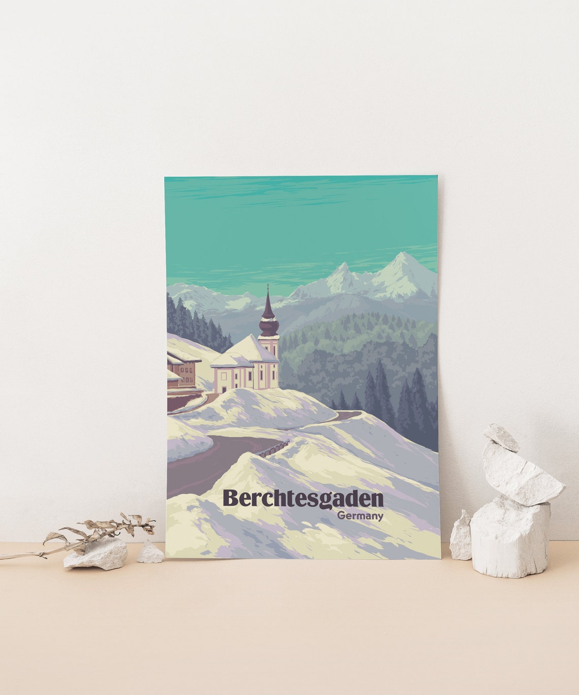 Berchtesgaden Travel Poster National Park Poster Germany St Sebastian Church Bavarian Alps Vintage Travel Print Ski Resort Poster Art - Image 3