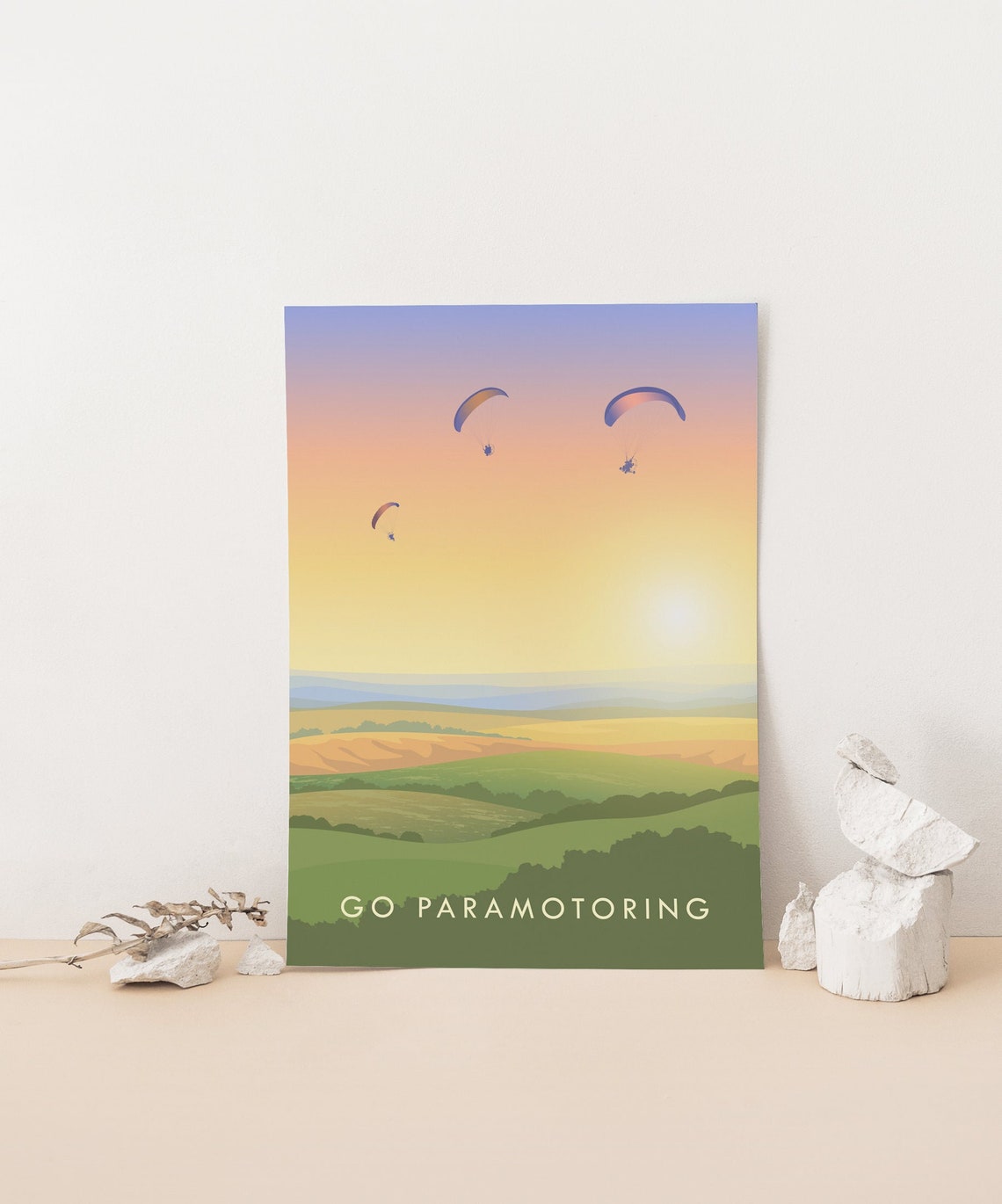Go Paramotoring Sunset Sky Rolling Hills Retro Adventure Travel Poster - Image 4