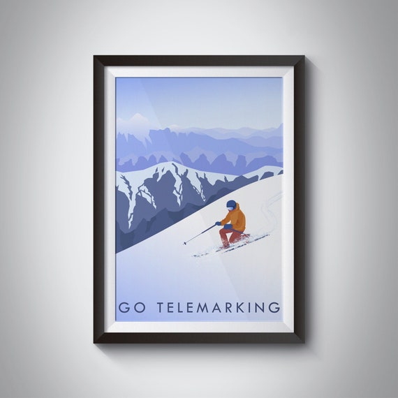 Go Telemarking Travel Poster Outdoor Adventure Hobbies Skiing Snowboarding Mountains Vintage Travel Print Hiking Alpine Sport Gift