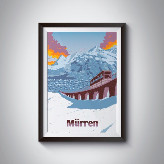 Mrren Switzerland Ski Resort Poster Travel Print Vintage Skiing Artwork Schilthorn Jungfrau Lauterbrunnen Allmendhubel Swiss Alps