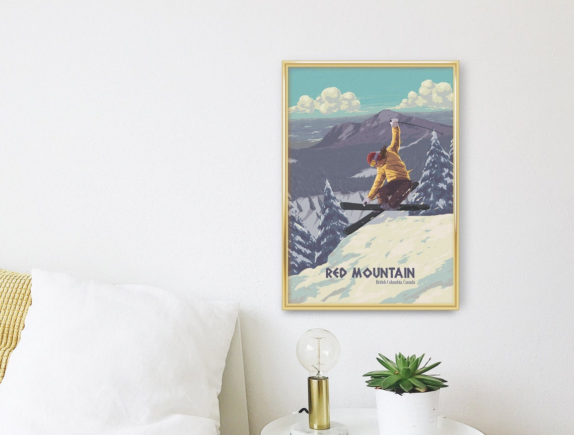 Red Mountain British Columbia Skier Jumping Vintage Ski Poster - Image 3