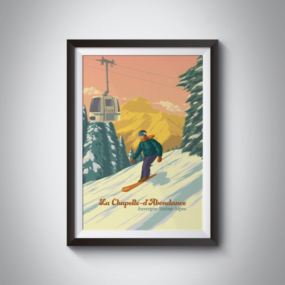 La Chapelle Dabondance Ski Resort Poster French Alps Vintage Skiing Print Portes Du Soleil Ski Lift Trail Map Morzine Avoriaz