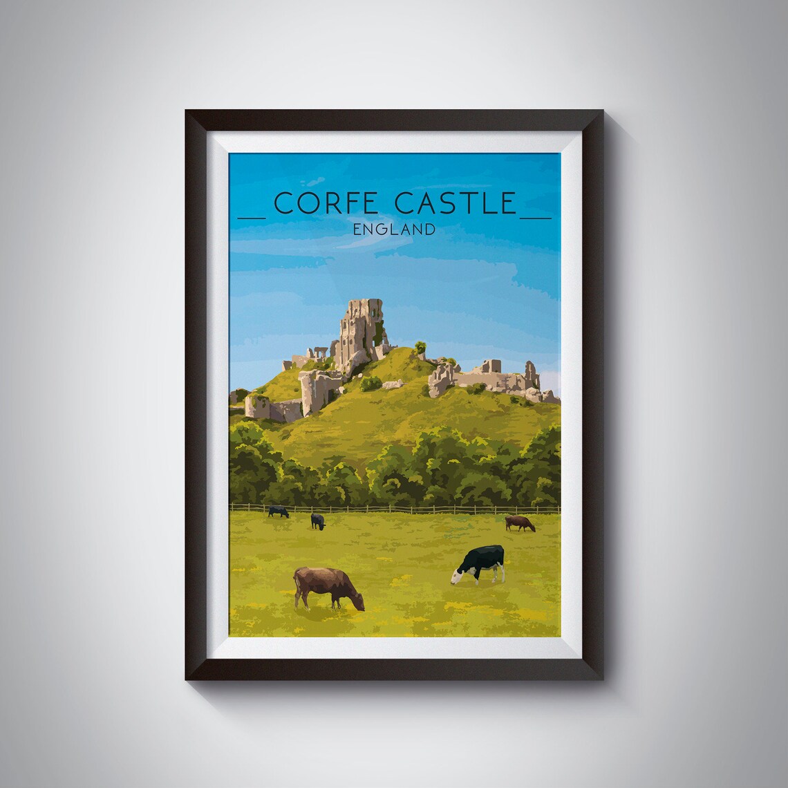 Corfe Castle Vintage Travel Poster, Dorset England