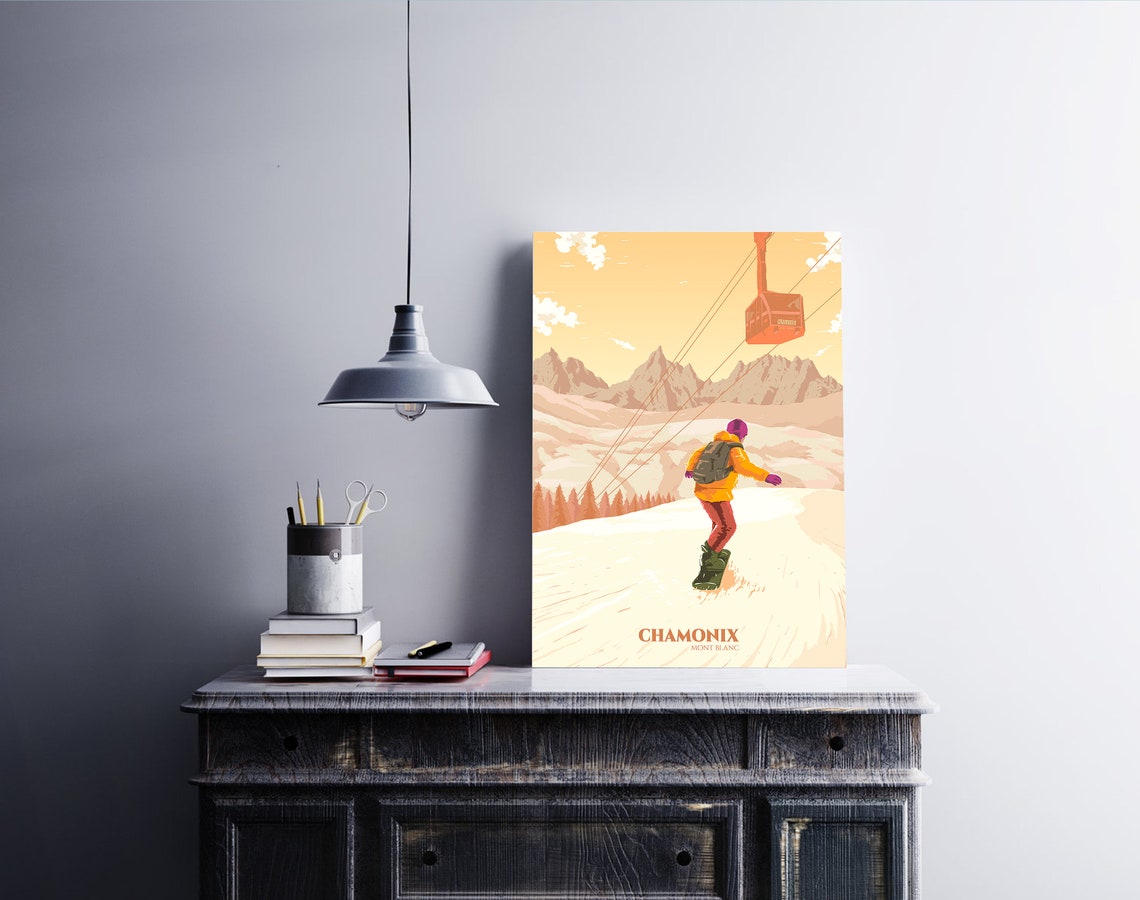 Chamonix Mont Blanc Snowboarder Red Cable Car Sunset Ski Resort Poster - Image 4