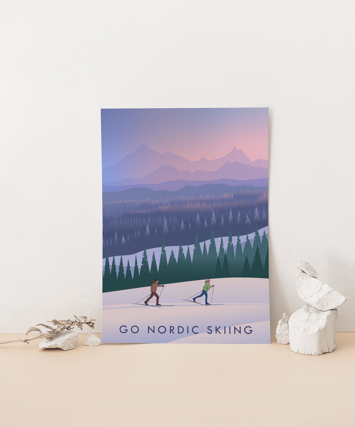 Go Nordic Skiing Cross Country Winter Dusk Vintage Adventure Poster - Image 4