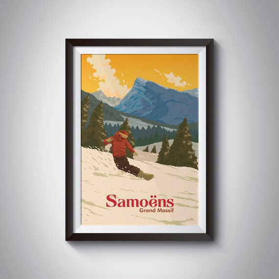 Samoens Snowboarding Poster Grand Massif Vintage Skiing Print French Alps Flaine Retro Les Carroz Morillon Ski Resort Snowboard