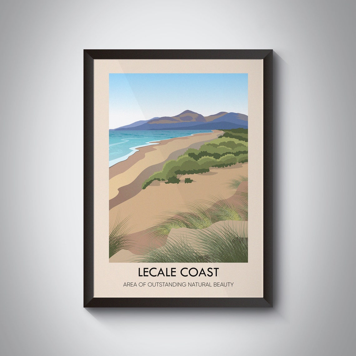 Lecale Coast Sandy Beach Dunes and Mountains Ireland Travel Poster