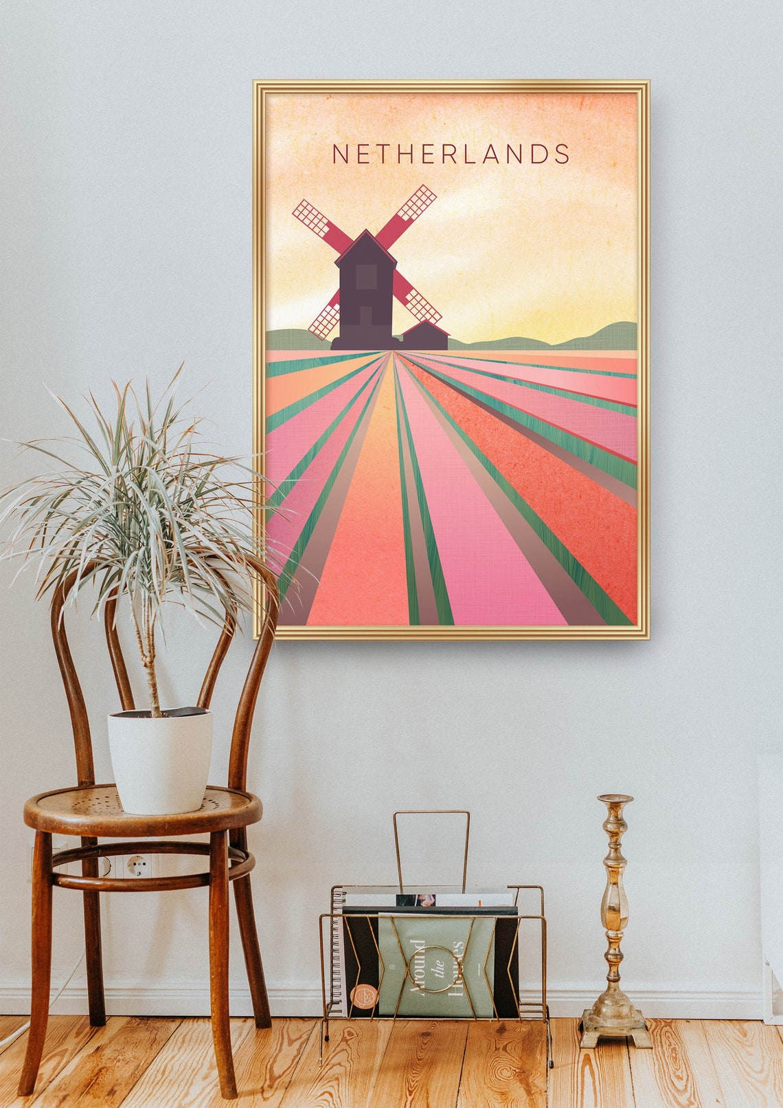 Netherlands Windmill Tulip Fields Minimalist Poster, Dutch Sunset Art - Image 2