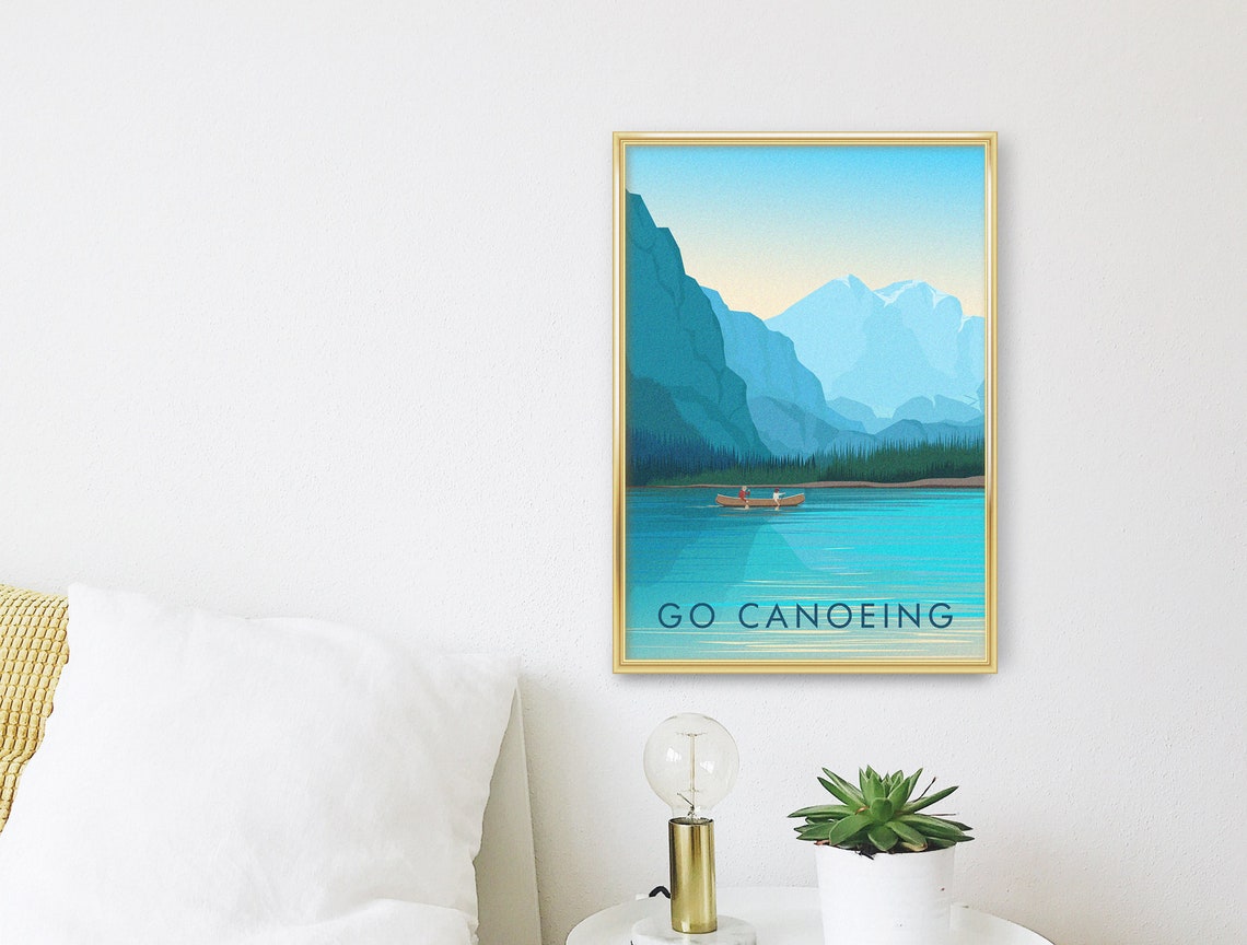 Go Canoeing Turquoise Alpine Lake Mountain Pair Canoe Vintage Poster - Image 3