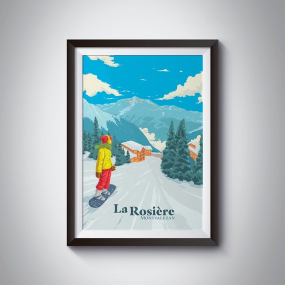 La Rosiere Snowboarding Poster Montvalezan French Alps Skiing Print Vintage Savoie France Espace San Bernardo Italy Chalet Gift