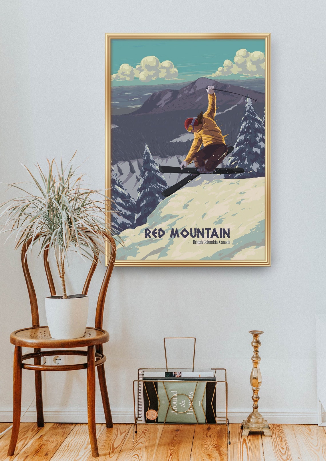 Red Mountain British Columbia Skier Jumping Vintage Ski Poster - Image 2