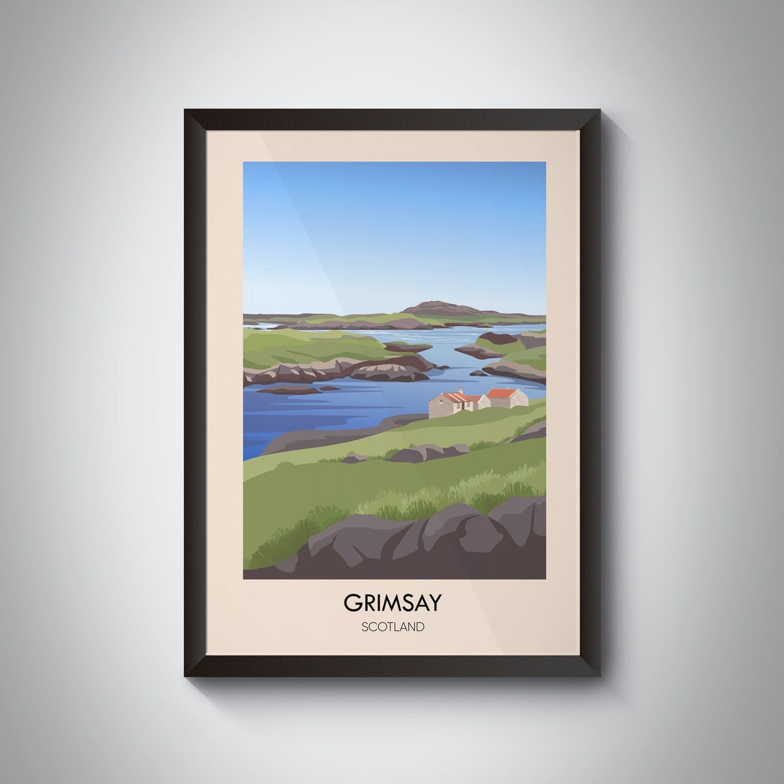 Grimsay Scotland Croft Houses Rocky Shoreline Minimalist Travel Poster