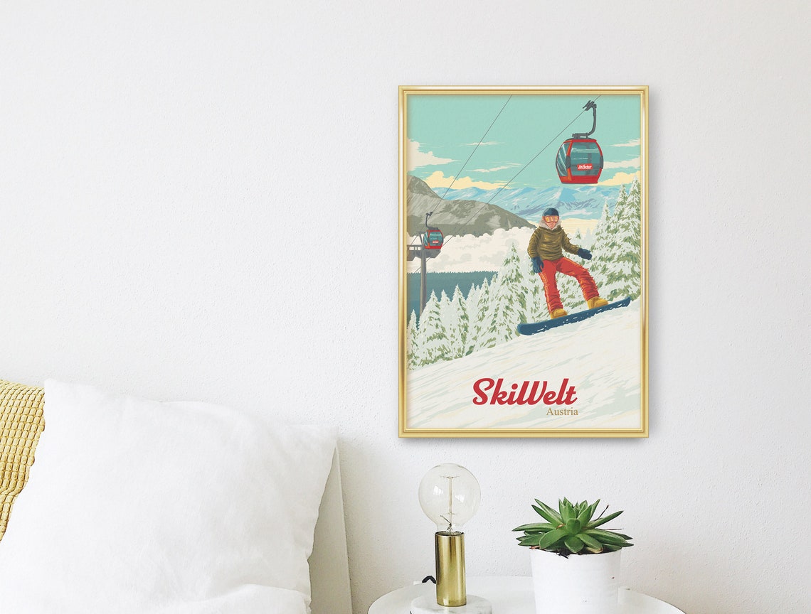 SkiWelt Austria Snowboarding Poster with Red Gondolas and Snowy Pines - Image 3
