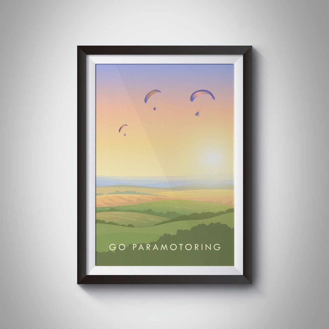 Go Paramotoring Sunset Sky Rolling Hills Retro Adventure Travel Poster