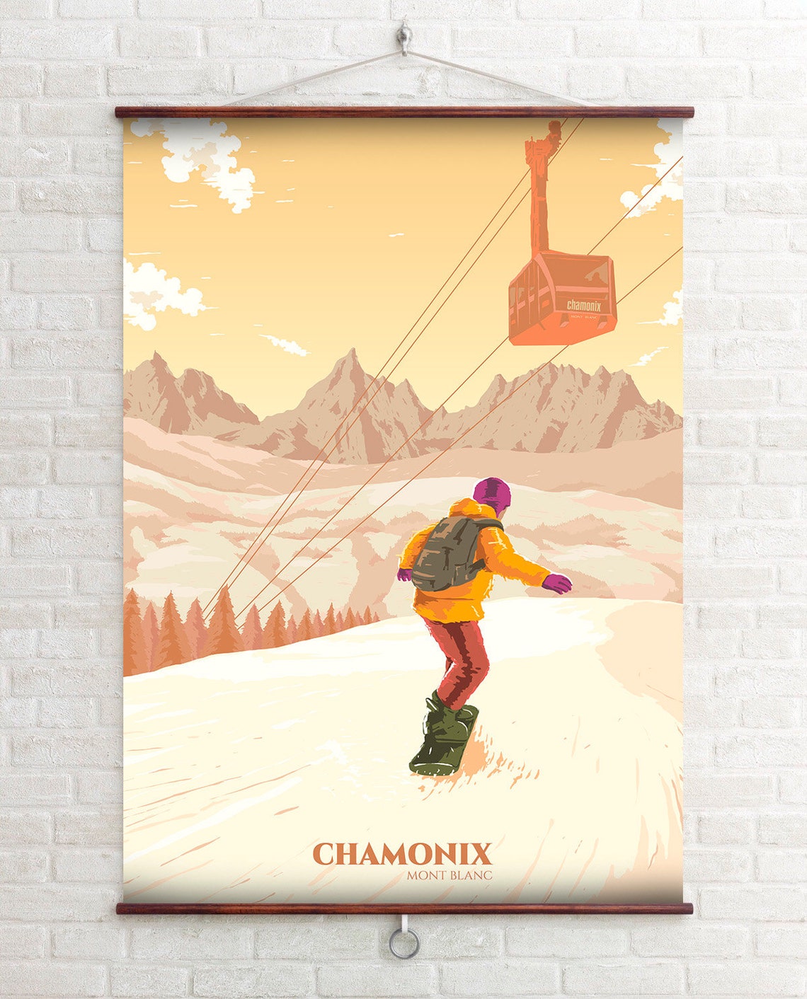 Chamonix Mont Blanc Snowboarder Red Cable Car Sunset Ski Resort Poster - Image 2