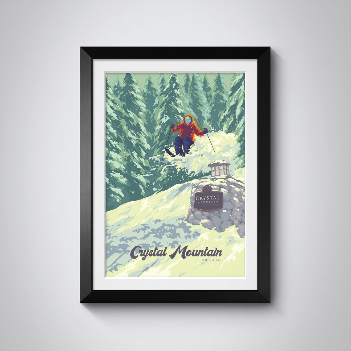 Crystal Mountain Michigan Ski Jumper Powder Snow Vintage Travel Poster