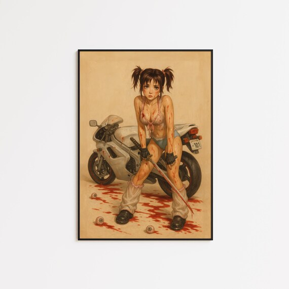 Bloody Biker Girl Anime Warrior Femme Art Print