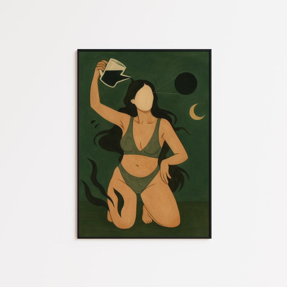 Surreal Moon Coffee Ritual Faceless Woman Green Dream Art Poster