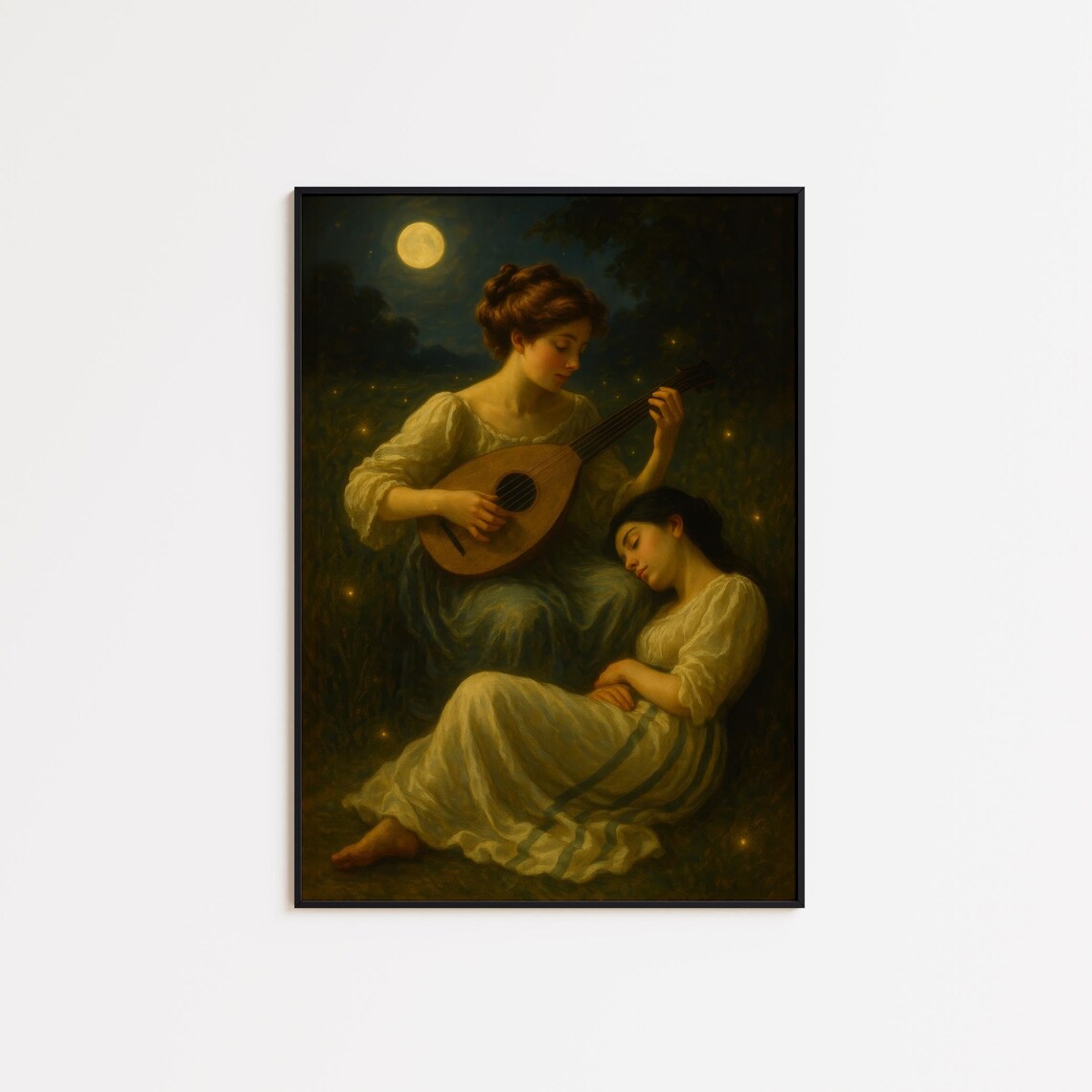 Moonlit Lute Serenade Sapphic Romantic Night Fine Art Painting Poster