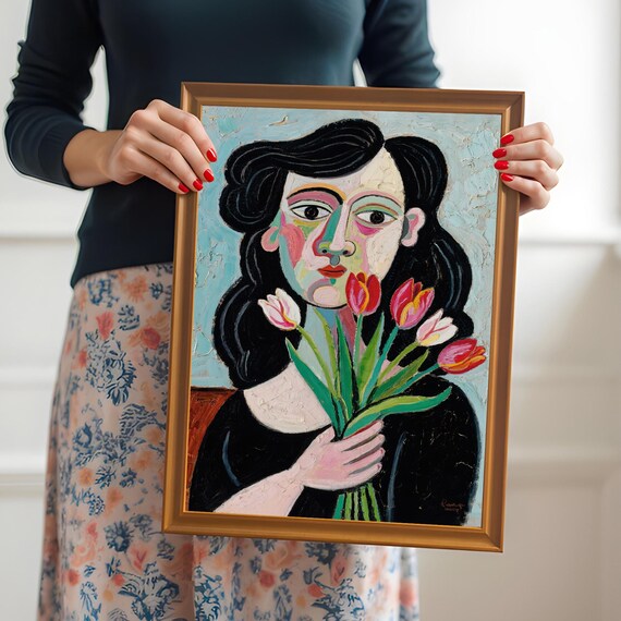 Abstract Cubist Woman Holding Tulips Colorful Portrait Poster