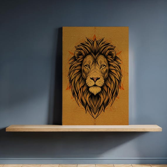 Lion Canvas Wall Art Tribal Line Drawing On Mustard Background Bold Animal Illustration Framed Jungle Decor For Kitchen Or Modern Space