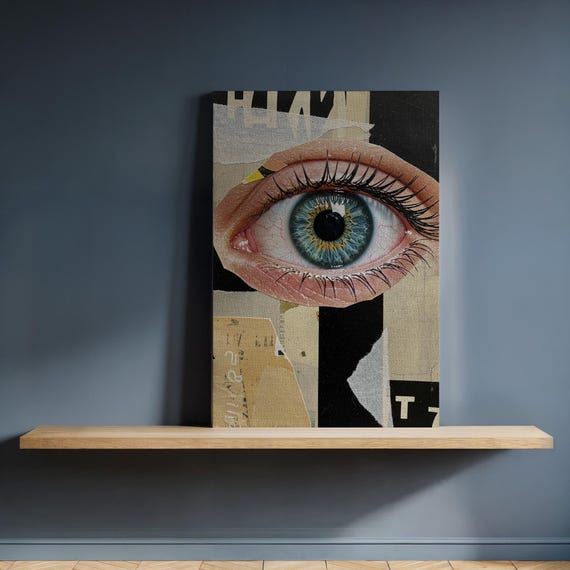 Surreal Blue Eye Collage Canvas Artwork On Abstract Geometric Background Modern Statement Wall Art For Bold Contemporary Interiors