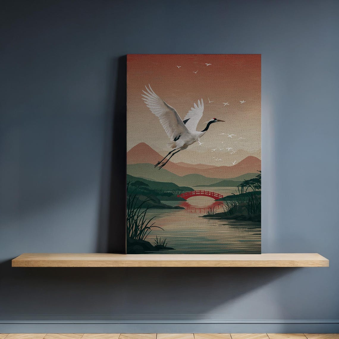 Flying Crane Canvas Wall Art With Red Bridge And Misty Mountains Japanese Landscape Print Framed Zen Decor For Peaceful Home Interiors