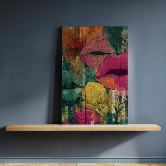 Bold Floral Lips Pop Art Colorful Modern Canvas Statement Poster