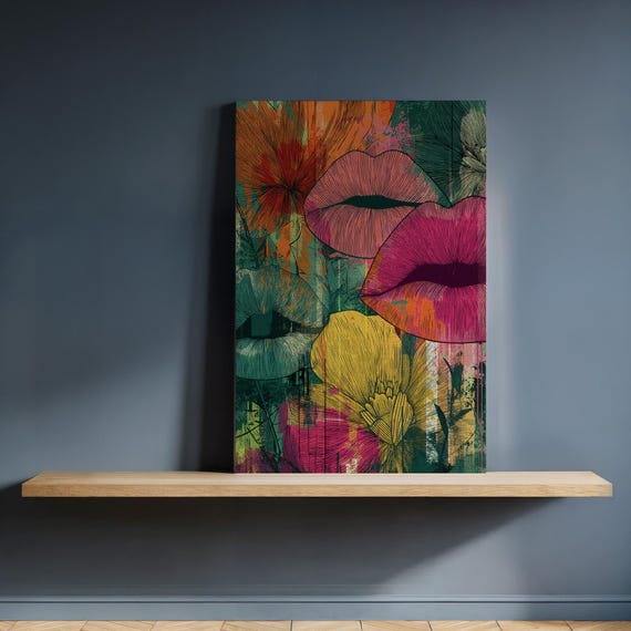 Framed Lips And Flowers Canvas Wall Art Bold Abstract Pop Print Colorful Feminine Decor For Modern Rooms Or Eclectic Interiors